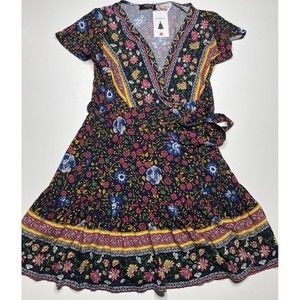 NWT ZESICA Boho Blue Floral Short Sleeve Midi True Wrap Dress Size Small